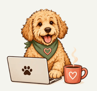 Doodle mascot at a laptop